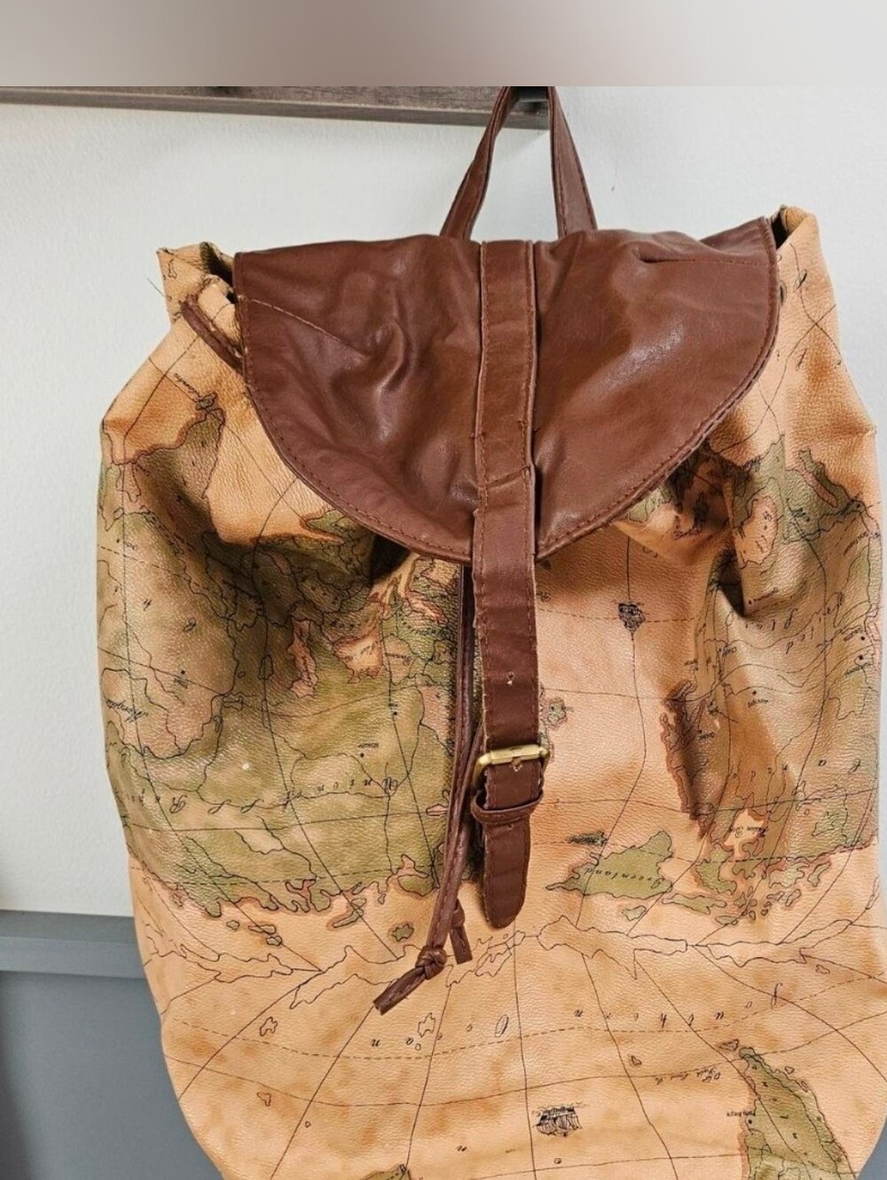 Map-Print Canvas Backpack with Brown Leather Flap